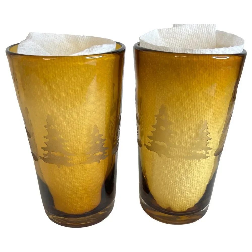 2 Home Studio Woodland Amber Glass Tumblers Etched Winter Scene 20 OZ Cabin Tree